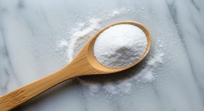 A wooden spoon filled with fine white powder on a textured surface. bicarbonate de soude 