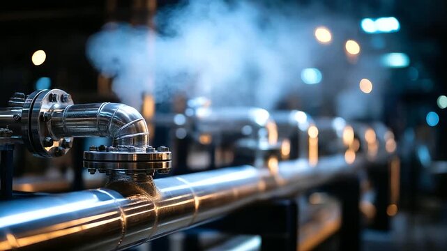Industrial piping network with mist rising, reflections of overhead lights on polished steel, conveying power and complexity of modern manufacturing, infrastructure scene,