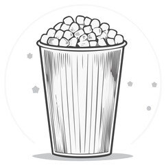 Sketch Illustration of Popcorn in a Paper Bucket with Round Backdrop and Stars