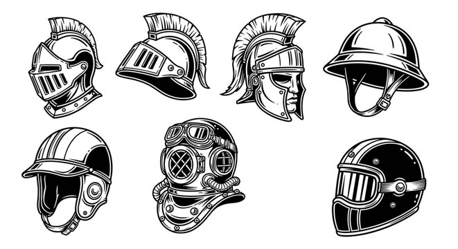 Collection of Diverse Helmets from Different Eras and Styles.