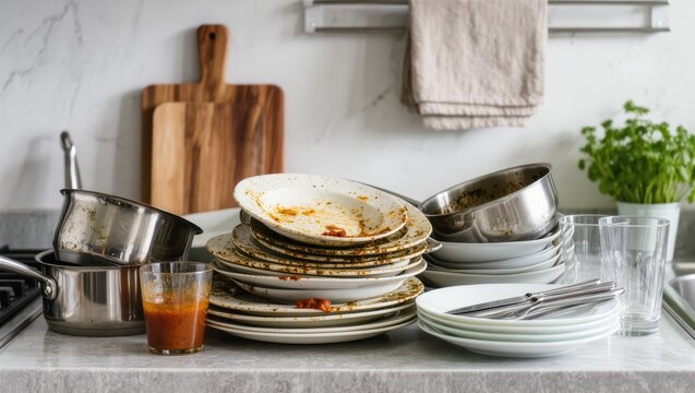 Piles of dirty dishes await cleaning after a lively dinner party in the cozy kitchen