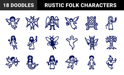 Naklejka premium Mythological creatures and celestial beings for folklore branding. Rustic hand-drawn naive doodle illustrations featuring angels, spirits, and deities.