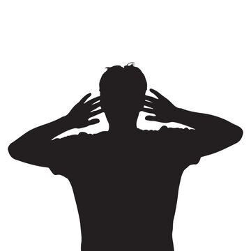 A man covering his ears with both hands facing away from the viewer silhouette
