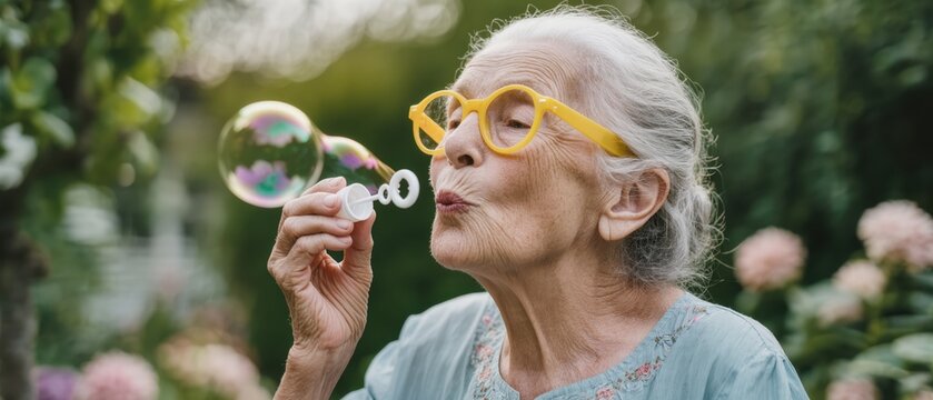 Joyful moments of a grandmother blowing bubbles in her garden on a sunny afternoon