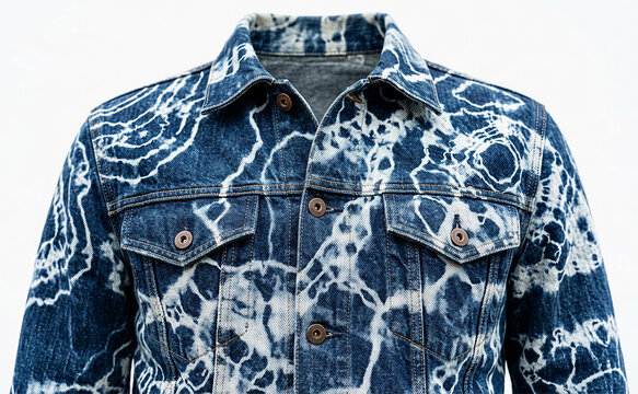 Close-up of Modern Denim Jacket with Abstract Topographic Bleach Pattern and Blue Indigo Wash