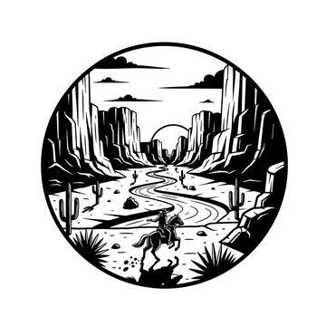 Lone Cowboy Riding Horse Through Desert Canyon Landscape.