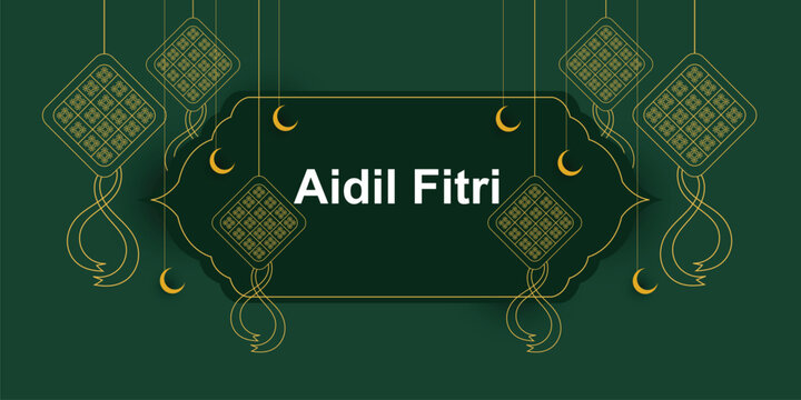 Minimal Eid ul Fitr Greeting Card with Line Art Ketupat, Crescent Moon and Elegant Green Islamic Design