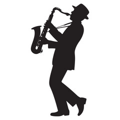 Naklejka premium A jazz musician plays the saxophone in a dramatic silhouette