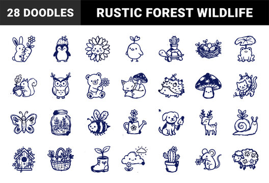 Hand-drawn garden and forest animals doodle illustrations for organic branding. Naive blue ink sketches featuring bunny, hedgehog, and nature elements.