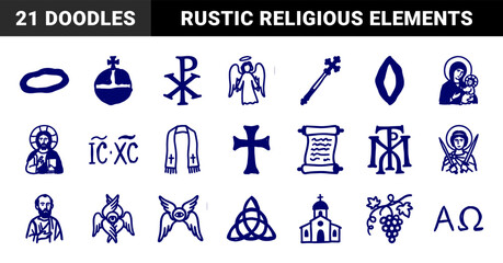 Naklejka premium Orthodox Christian symbols and liturgical elements in a naive hand-drawn doodle style. Rustic navy blue marker sketch of religious icons and saints.