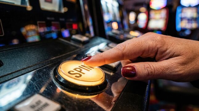 Close-up of a hand pressing the spin button on a slot machine in a casino, illuminated by colorful lights and surrounded by other gaming machines