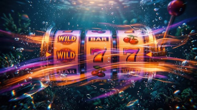 Underwater slot machine with spinning reels displaying symbols like cherries and sevens, surrounded by bubbles and colorful light effects in a vibrant aquatic environment
