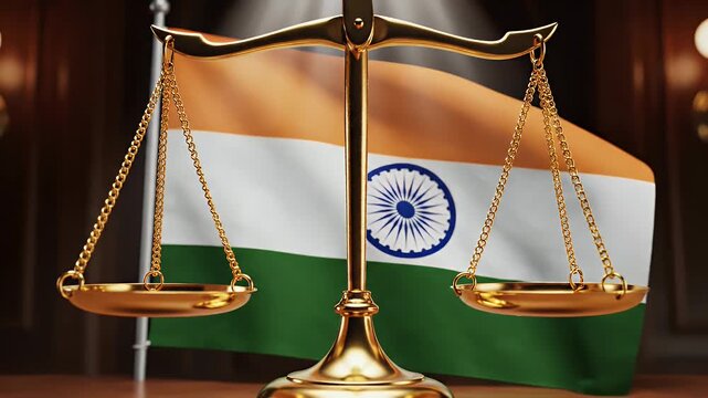 Justice Scales with Indian Flag - A golden scales of justice stand in front of the Indian flag. The scales symbolize fairness and the rule of law within the Indian legal system.