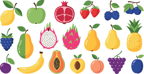 Fresh tropical and garden fruits vector set with apple, banana, pineapple, papaya, dragon fruit, berries and citrus colorful food illustration © Yevhenii creative