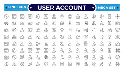 User account outline icon set. Containing profile, password, login, username, avatar, connect, add friend, and more. Outline vector icons collection. Editable stroke outline icon.
