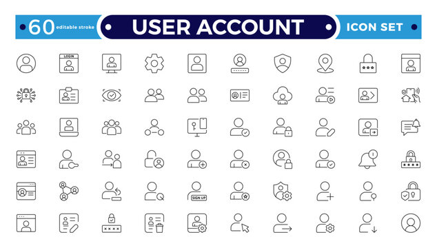 User account outline icon set. Containing profile, password, login, username, avatar, connect, add friend, and more. Outline vector icons collection. Editable stroke outline icon.
