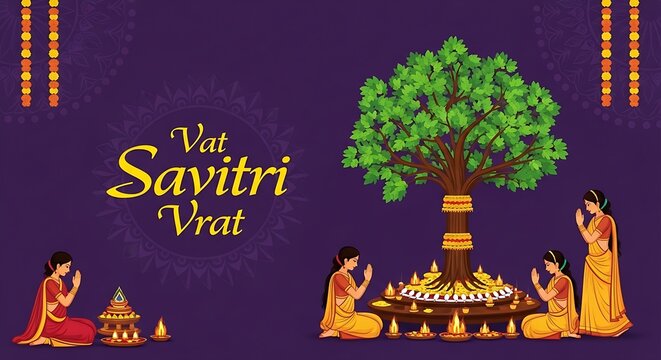 Vat Savitri Vrat Indian Hindu Festival Illustration with Banyan Tree