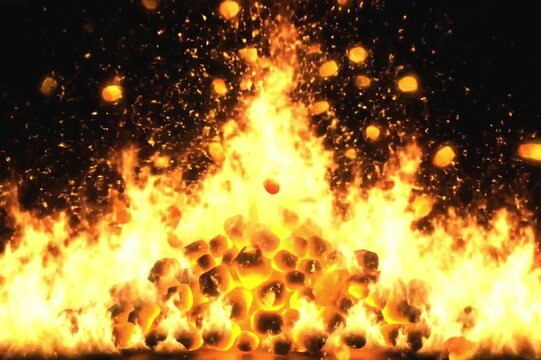 Fire and sparks background. PNG illustration of glowing yellow and orange flames with embers floating