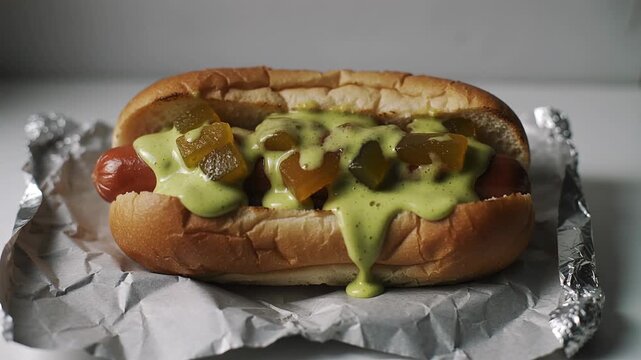 Single hot dog presented on crinkled foil with a generous topping of creamy green sauce and chunky dill pickles.