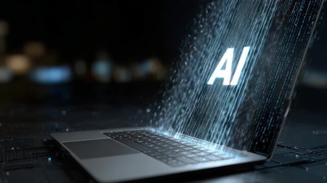 Digital Intelligence: The laptop's screen illuminates with the AI icon, symbolizing the dawn of a digital era, as streams of data flow dynamically from the computer.