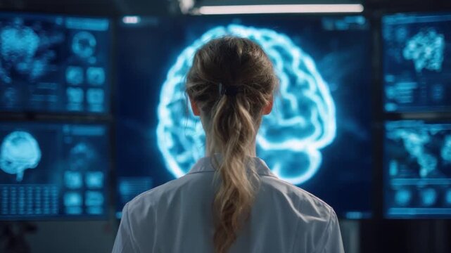 Examining the Mind: A medical professional intently studies brain imaging on multiple monitors, revealing the complexities of human cognition.
