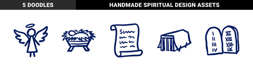 Naklejka premium Biblical nativity and covenant symbols in a naive marker sketch style. Rustic hand-drawn religious illustrations for spiritual storytelling and education.
