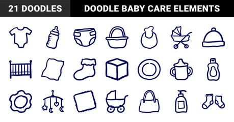 Hand-drawn baby care and nursery essentials with a naive felt-tip marker aesthetic. Rustic, clumsy doodle illustrations for organic parenting brands.