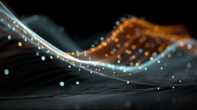 Digital Data Stream: A mesmerizing digital data stream flows across a dark backdrop, symbolizing connectivity and cutting-edge technology with intricate patterns of orange and blue light.