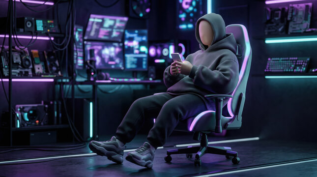 Anonymous hacker using phone in cyber server room