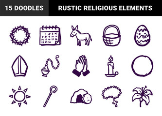 Naklejka premium Hand-drawn Easter and religious holiday elements with a naive marker sketch aesthetic. Rustic Christian symbols for organic seasonal branding and storytelling.