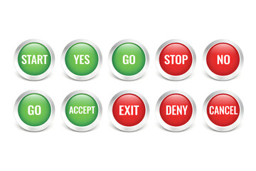 Green and red buttons with positive and negative action words, decision making concept