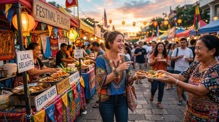 Naklejka na ściany i meble Happy woman buying street food at night market festival