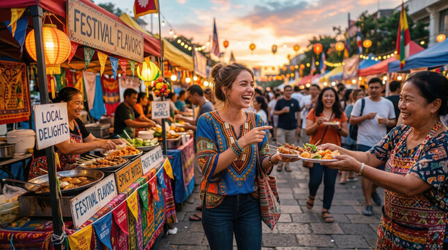 Happy woman buying street food at night market festival