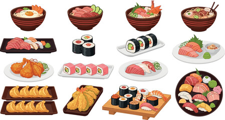 Japanese Sushi and Ramen Food Vector Set with Nigiri, Maki Rolls, Tempura, Gyoza and Traditional Asian Cuisine Illustration © Shareful