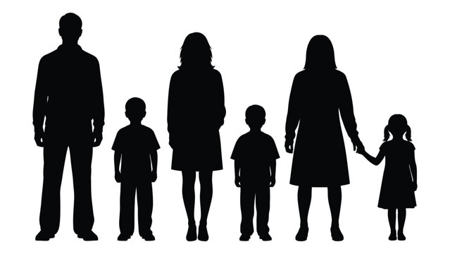 A silhouette of a blended family with two adults and three children standing together in a line on a white background