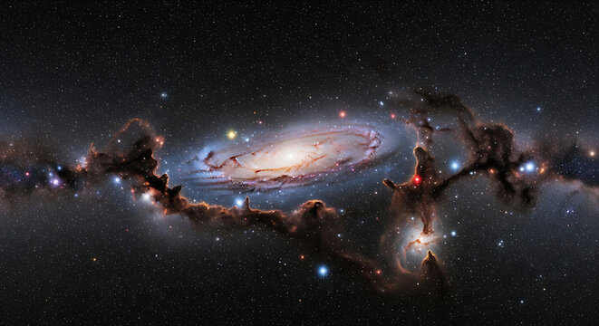 A panoramic view of a spiral galaxy with prominent dust lanes and a bright central bulge, set against a backdrop of stars.