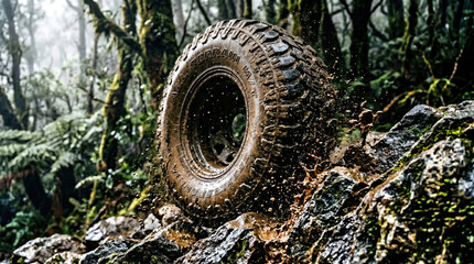 Fototapeta premium Off-road tire splashing mud on forest trail