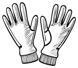 Obraz premium Pair of winter gloves illustration in ink outline for warmth and protection against cold weather, hand drawn graphic.