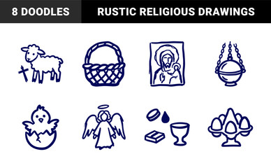 Naklejka premium Hand-drawn Easter and Orthodox Christian religious elements for festive branding. Rustic, naive marker sketch illustrations featuring paschal traditions.