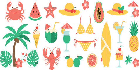Tropical Summer Vacation Vector Set with Crab, Lobster, Surfboard, Palm Tree, Pineapple, Cocktail and Beach Holiday Elements