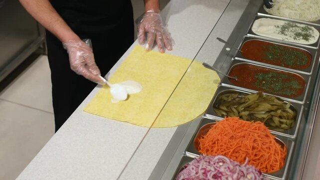 A fast food chef makes a kebab by putting sauce, chicken, vegetables, and other ingredients on pita bread.
