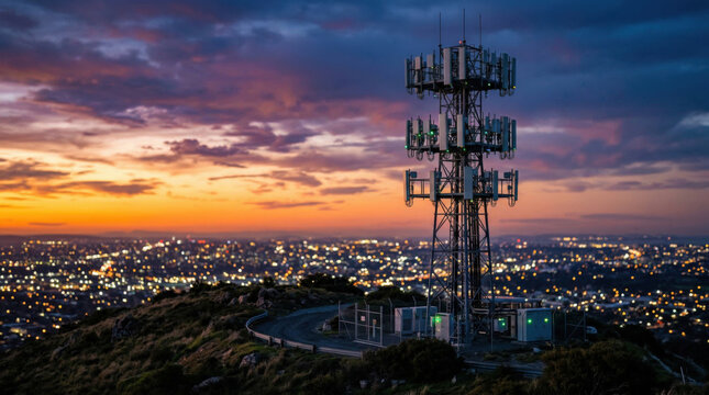 5g telecommunication tower providing network connectivity over city