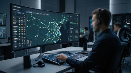 Fototapeta premium Operator monitoring fleet tracking system in control room