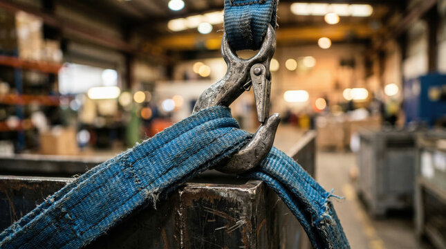 Industrial crane hook lifting heavy load in warehouse