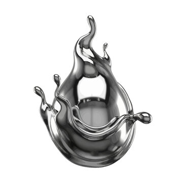 Dynamic chrome liquid splash capturing elegant fluid motion and reflective surface on a clean white background, creating an abstract metallic art form and visual design