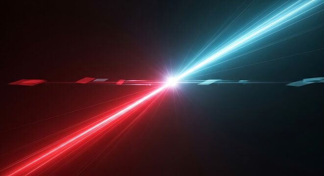 Dynamic visual of two intense light rays, red and blue, meeting in a dramatic burst