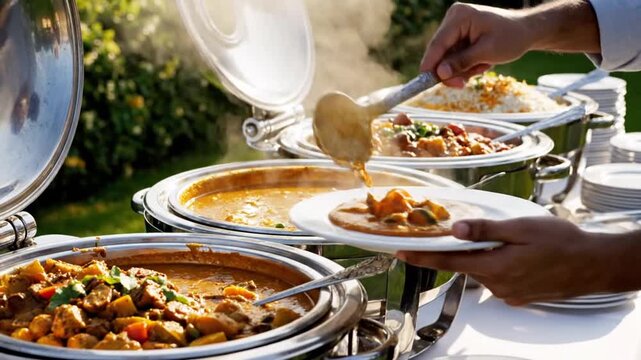 Outdoor Catering Service with Various Dishes.