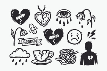 Grunge Hand-Drawn Doodle Set of Broken Heart and Sadness Icons