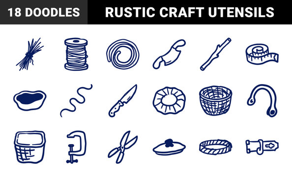 Hand-drawn rustic homestead and craft tools for organic brand identity. Naive marker sketch illustrations featuring traditional workshop and garden utility concepts.