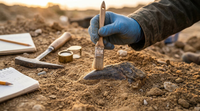 Paleontologist hand brushing dinosaur tooth fossil at excavation site